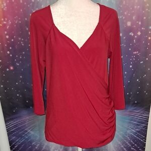 George Red Wrap Ruched 3/4 Sleeve Blouse
